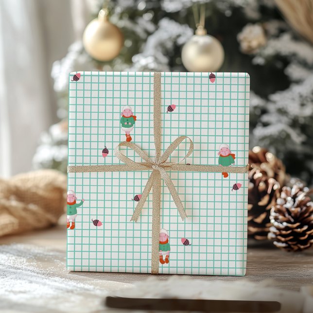 Papier Cadeau Cute Winter Sheep & Acorns on Mint Grid- Christmas (Créateur téléchargé)