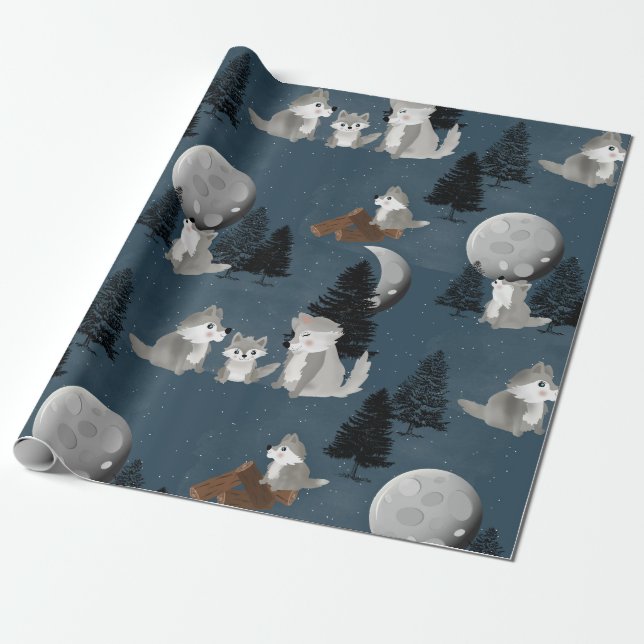 Papier Cadeau Cute Wolf Pack Woodland Night Sky Moon (Déroulé)