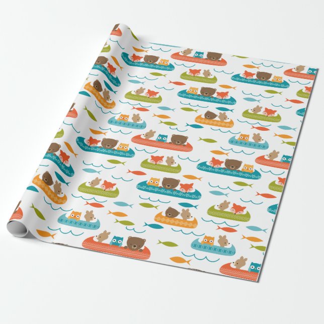 Papier Cadeau Cute Woodland Animaux Motif de canoë (Déroulé)