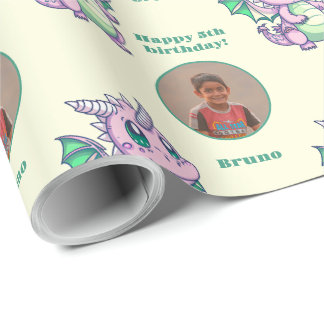 Papier Cadeau Cute Yellow Green Chibi Dragon Photo Texte personn