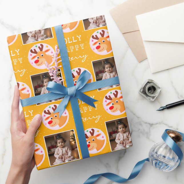 Papier Cadeau Cute Yellow Reindeer Family Photo Christmas  (Cadeaux)