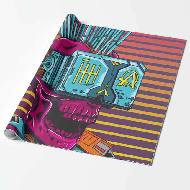 Papier Cadeau Cyber Skull Virtual Reality Cyberpunk disquette  (Déroulé)