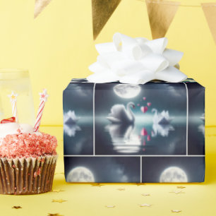 Papier Cadeau Cygne blanc avec cygne à l'origami et coeurs