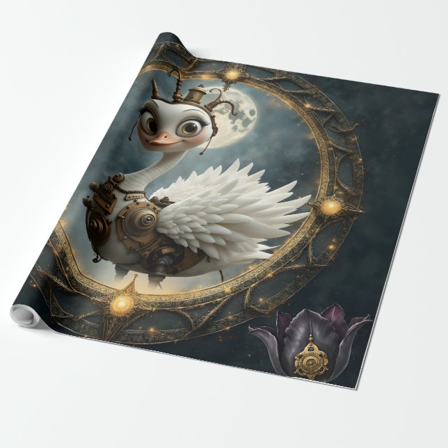 Papier Cadeau Cygne mécanique éclairé par la lune – Gardien de r (Déroulé)