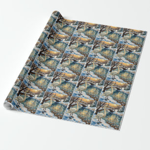 Papier Cadeau Cygne Vintage par le Pont enneigé - Peinture de No
