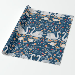 Papier Cadeau Cygnes, poissons, fleurs sur un arrière - plan ble