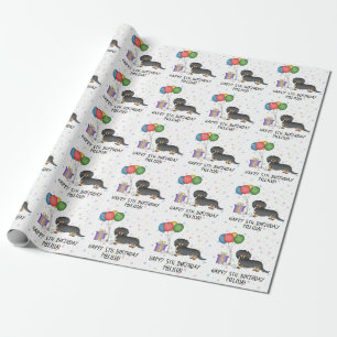 Papier Cadeau Dachshund à poil long noir et feu Joyeux Anniversa