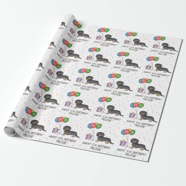 Papier Cadeau Dachshund à poil long noir et feu Joyeux Anniversa (Déroulé)