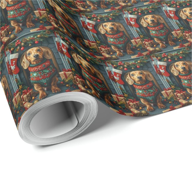 Papier Cadeau Dachshund avec des cadeaux de Noël devant une chem (Coin rond)
