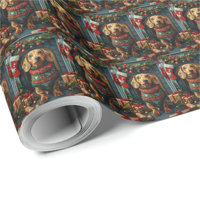 Papier Cadeau Dachshund Chien Avec Cheminée Cadeaux De Noël (Coin rond)