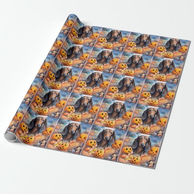 Papier Cadeau Dachshund Halloween avec citrouilles effrayant (Déroulé)