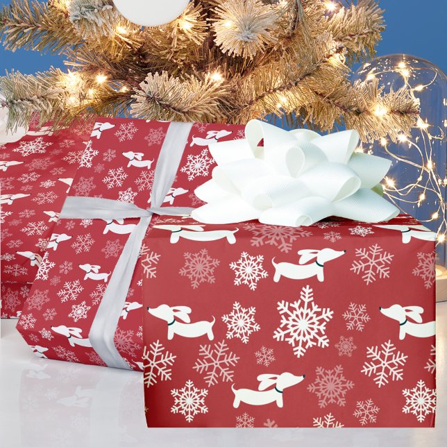 Papier Cadeau Dachshund Snowflakes Red Wrapper Papier Noël (Christmas Dachshund & Snowflakes red warpping paper )