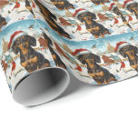 Papier Cadeau Dachshund Winter Wonderland Christmas Joy<br><div class="desc">Ce design festif reflète l'esprit joyeux de la période des fêtes, avec un adorable petit portant un chapeau de Père Noël. Le chien est niché dans un pays des merveilles hivernales, avec un bonhomme de neige, un sapin de Noël décoré et des cadeaux joliment emballés. Les flocons de neige tombent...</div>