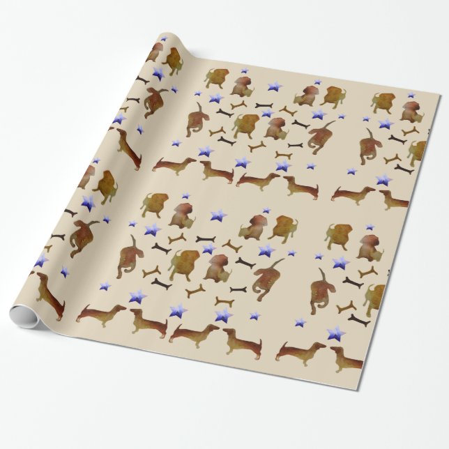 Papier Cadeau Dachshunds & Os de Chien Aquarelle (Déroulé)