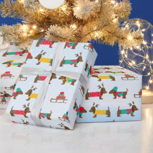 Papier Cadeau Dachshunds Traîneau de Renne Neige Motif de Noël 