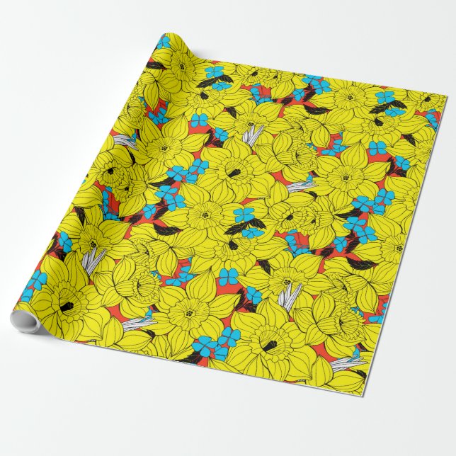 Papier Cadeau Daffodiques motif floral printanier (Déroulé)