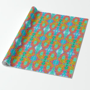 Papier Cadeau Dahlia Décoratif Orange Tropical et Rose Chaud