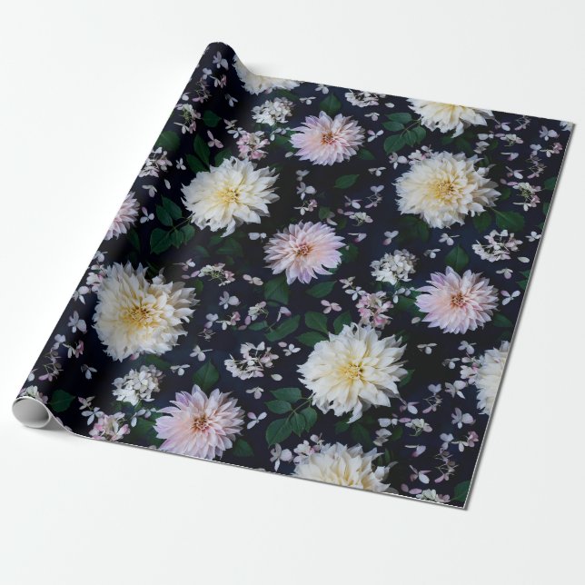 Papier Cadeau Dahlia Fleur Blooms brouillent en noir (Déroulé)