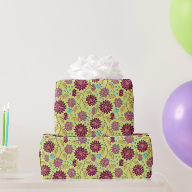Papier Cadeau Dahlia Flower Red sur Jaune (Cadeaux de fête)