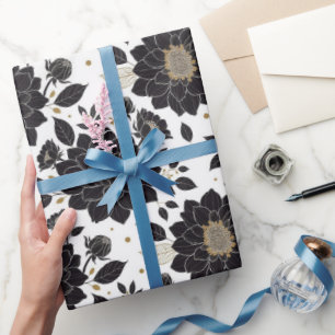 Papier Cadeau Dahlia noir et blanc aux accents dorés