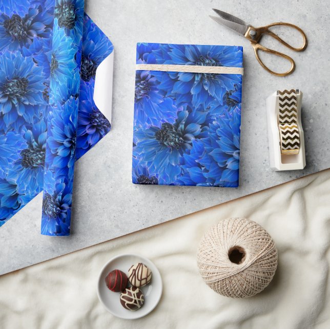 Papier Cadeau Dahlias en bleu royal - design floral, (Artisanat)