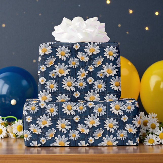 Papier Cadeau Daises sur Anniversaire en Denim Bleu  (Créateur téléchargé)