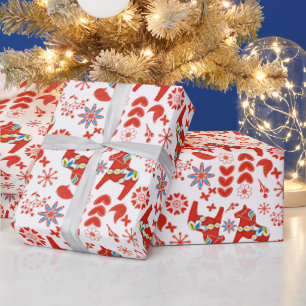 Papier Cadeau Dala d'art populaire suédois Cheval Rouge motif fl