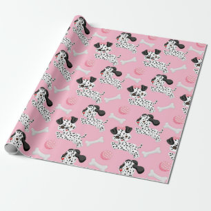 Papier Cadeau Dalmatiens Chiots Noirs Points Roses Toy Ball Blan