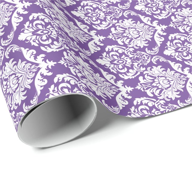 Papier Cadeau Damas florales blanches 2 Arrière - plan pourpre (Coin rond)