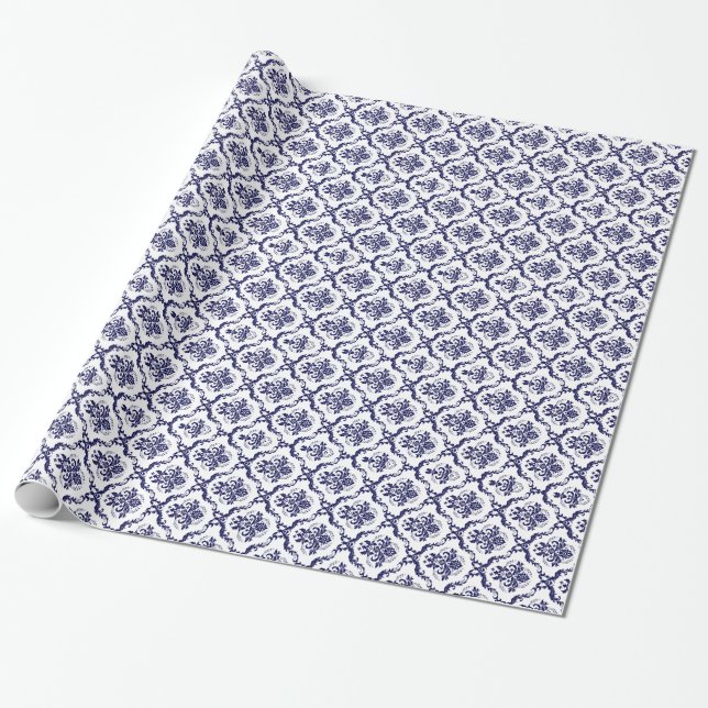Papier Cadeau Damas Florales Blancs Et Bleus 4 Motifs (Déroulé)