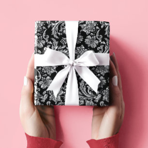 Papier Cadeau Damas Florales D'Argent Noir Et Métallique