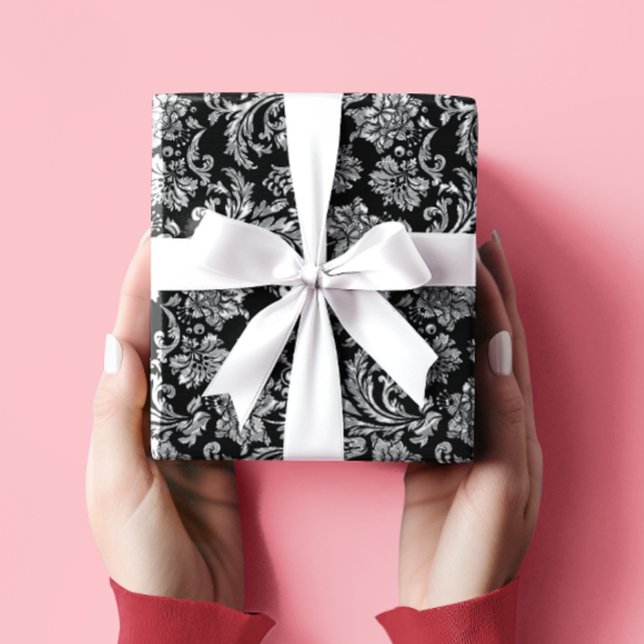 Papier Cadeau Damas Florales D'Argent Noir Et Métallique (Créateur téléchargé)