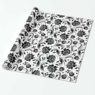 Papier Cadeau Damas Florales Gris Et Blanc