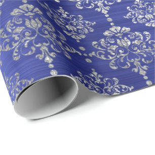 Papier Cadeau Damask Argent Cobalt Bleu Ornement Royal France