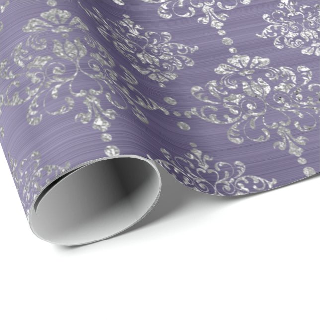 Papier Cadeau Damask Argent Purple Plum Ornement Royal (Coin rond)