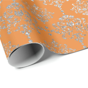 Papier Cadeau Damask Argent Royal Coral métallique Orange Delica