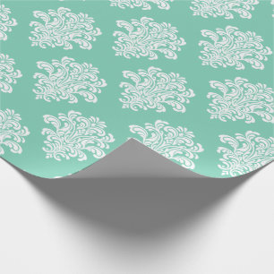 Papier Cadeau Damask blanc sur Aqua Motif