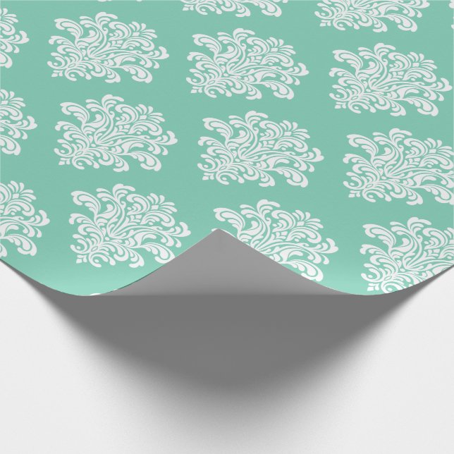 Papier Cadeau Damask blanc sur Aqua Motif (Coin)