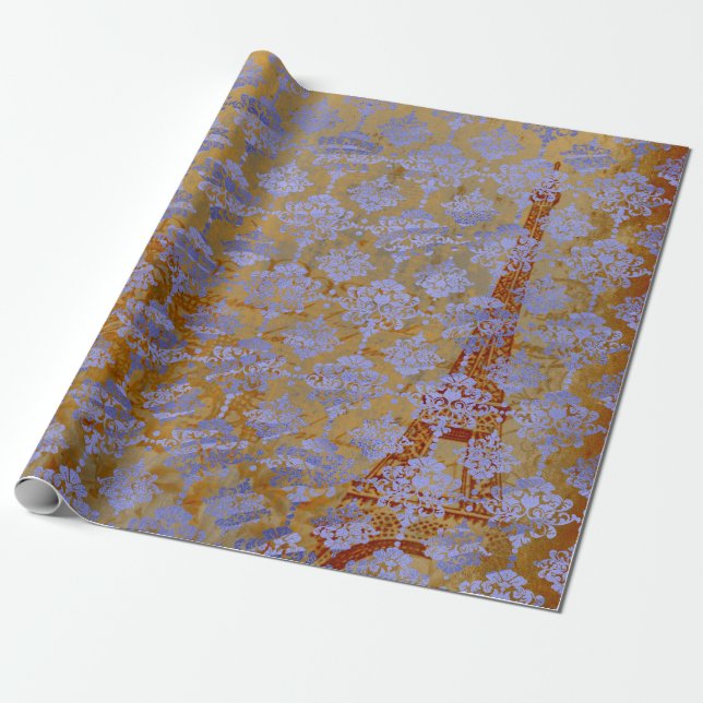 Papier Cadeau Damask Blue Cobalt Vieux Paris Rose Gold Royal (Déroulé)
