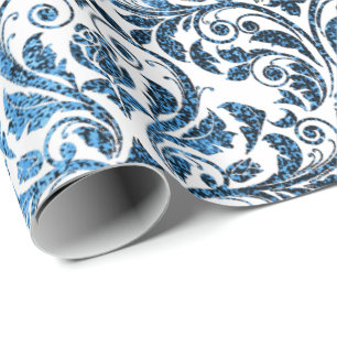 Papier Cadeau Damask Blue Navy Blanc Royal Grey Cottage