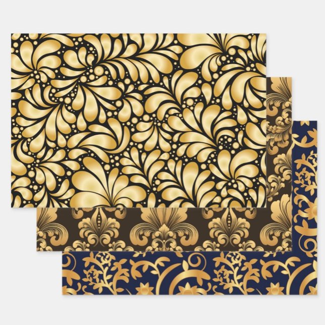 Papier cadeau Damask or et noir 3 feuilles set (Créateur téléchargé)