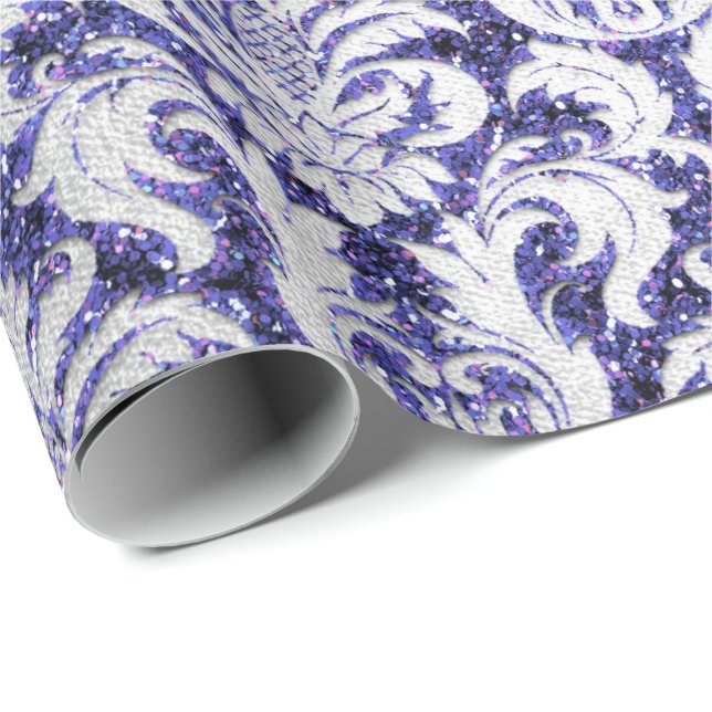 Papier Cadeau Damask Parties scintillant Indigo Silver Grey Roya (Coin rond)