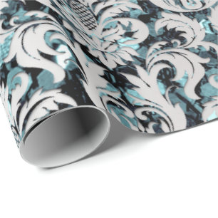 Papier Cadeau Damask Parties scintillant Turquoise Silver Grey S