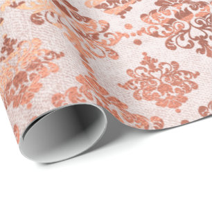 Papier Cadeau Damask Pink Cuivre Noir Métal Royal Floral