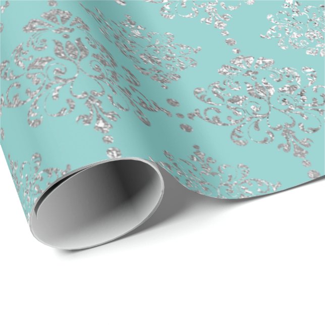 Papier Cadeau Damask Silver Grey Royal Metallic Aqua Blu (Coin rond)