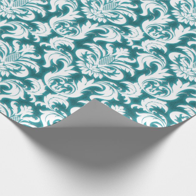 Papier Cadeau Damask Turquoise bleu turquoise Océan blanc velour (Coin)