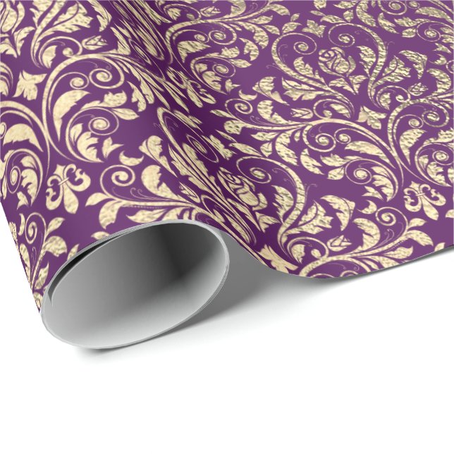 Papier Cadeau Damask Violet Purple Graphe Plum Gold Royal (Coin rond)