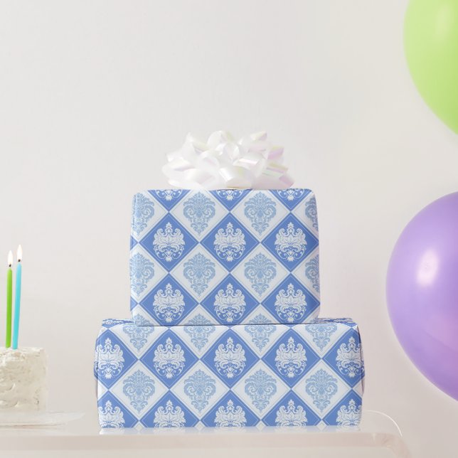 Papier Cadeau Damassé à carreaux bleus (Cadeaux de fête)