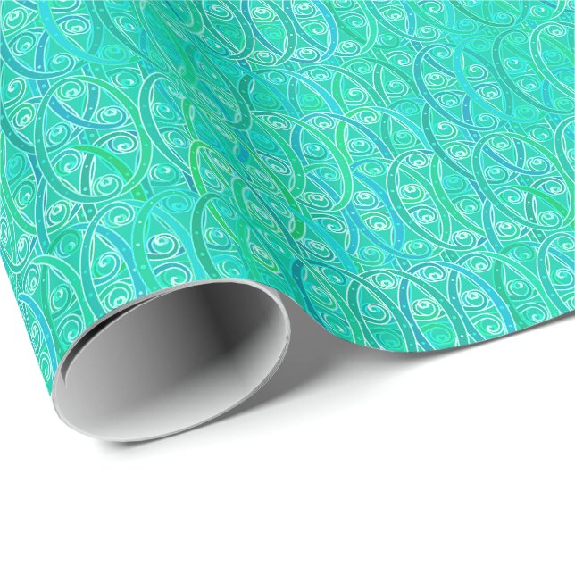Papier Cadeau damassé arabesque - aqua et turquoise (Coin rond)