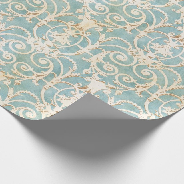 Papier Cadeau Damassé bleue et beige élégante (Coin)